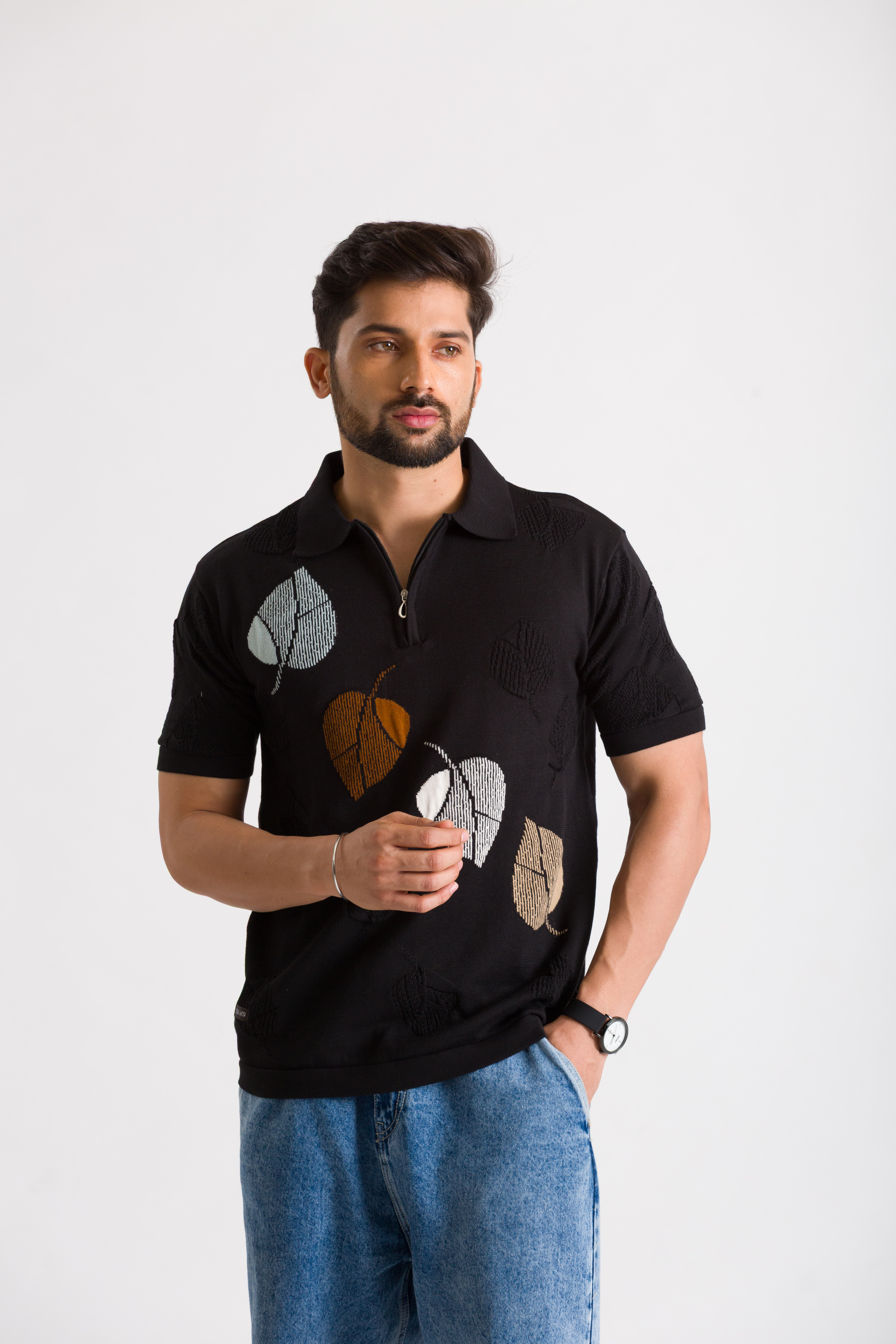 Knitted Black Leaf Design Polo T-Shirt